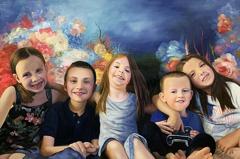 Gorgeous handmade oil painting of five children