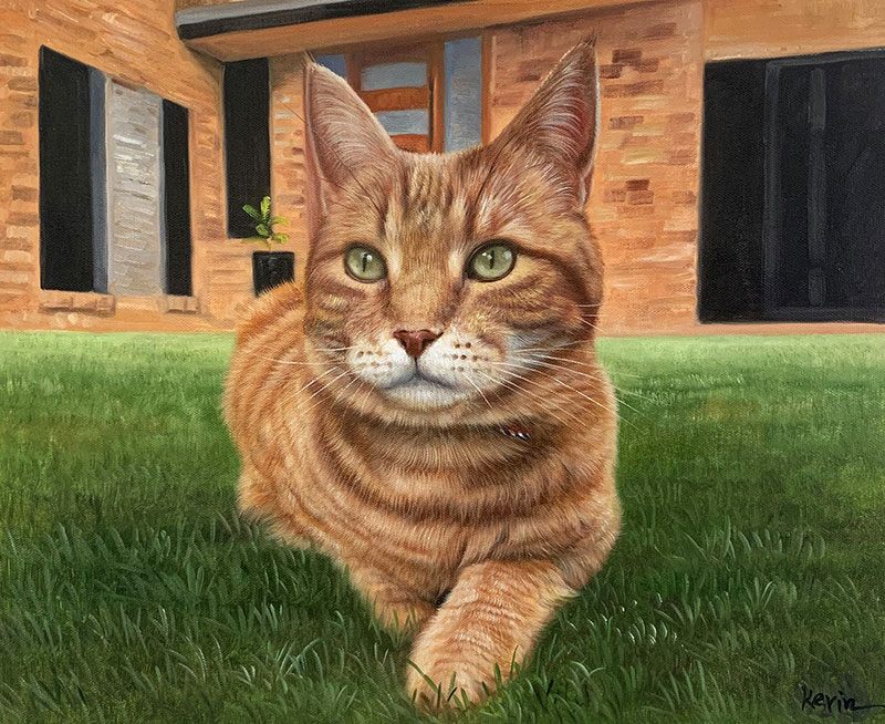 Custom handmade oil artwork of a green eyed cat