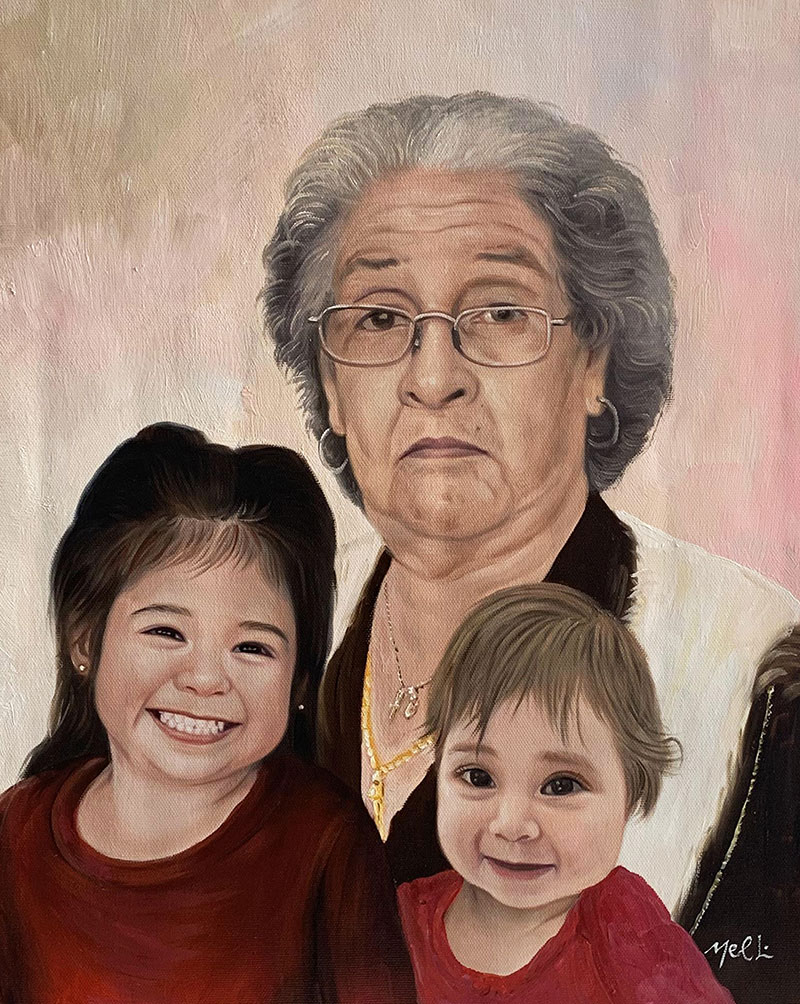 Custom handmade oil artwork of an elder lady with kids