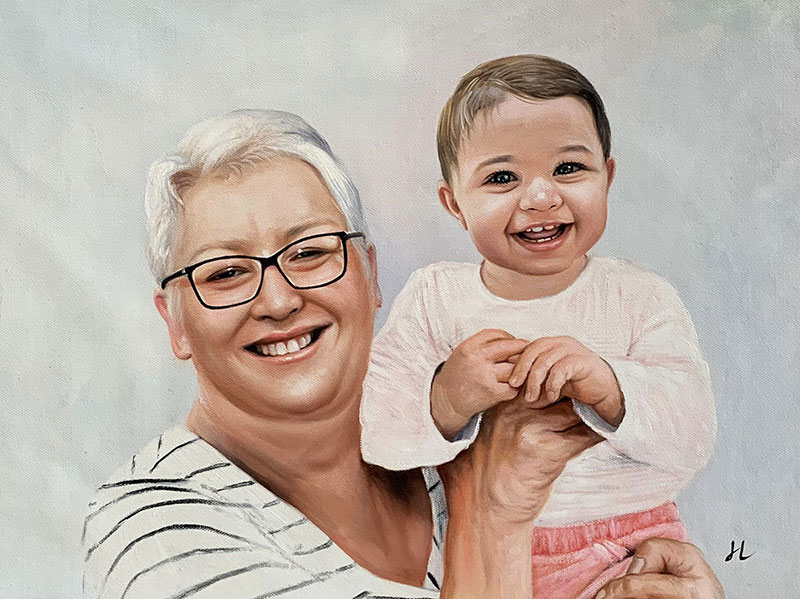 Beautiful oil painting of a grandmother and a grandbaby