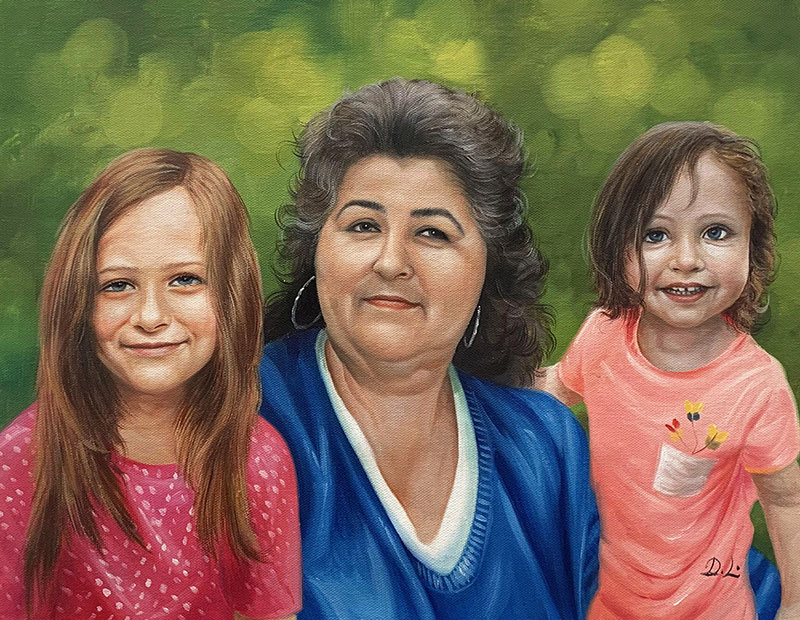 Painting of a grandmother and two granddaughters