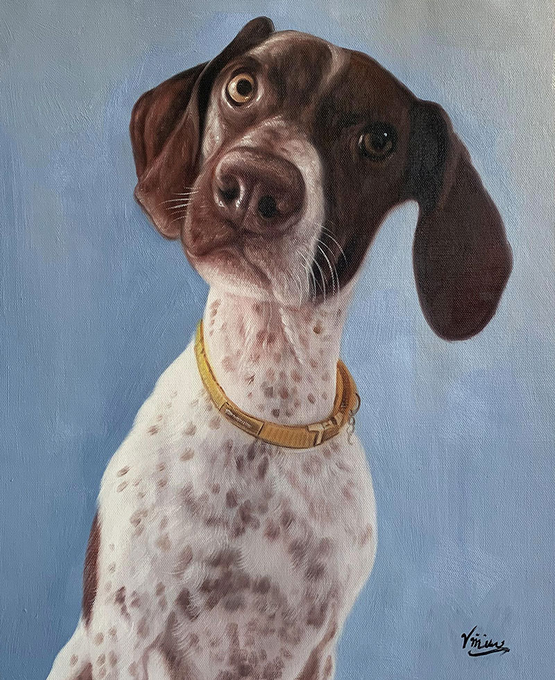 Oil painting of a brown and white spotted dog wearing a yellow collar