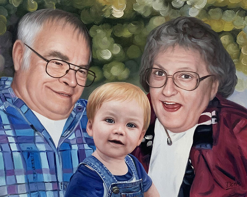Painted portrait of grandparents and their grandchild.