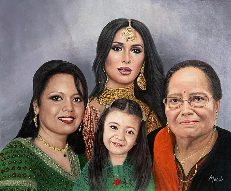 Beautiful handmade portrait of an Indian family in oil