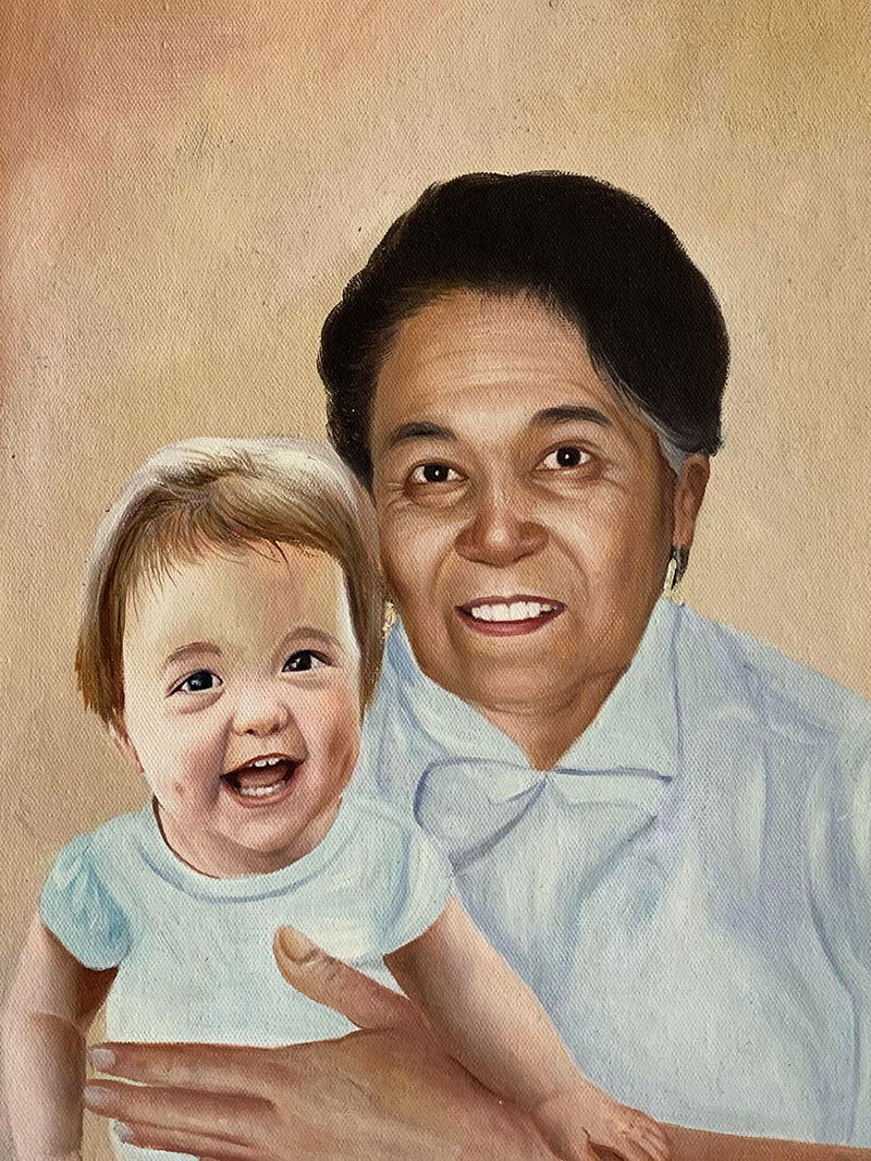 Painting of a smiling older woman holding a laughing toddler.