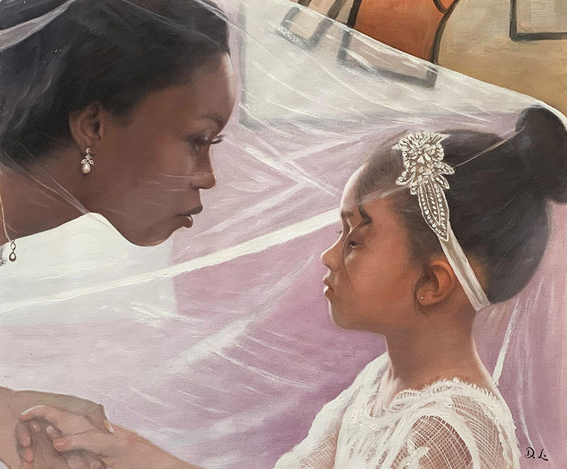 Gorgeous handmade oil painting of a mother and daughter