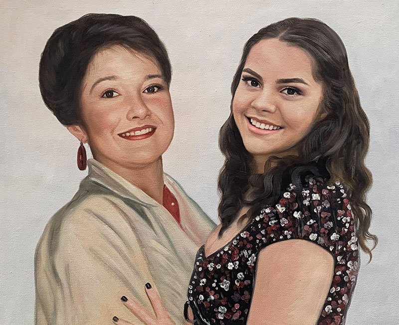 Painted portrait of a mother and daughter.