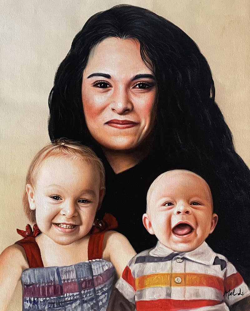 Oil painting of a mother and her two young children.