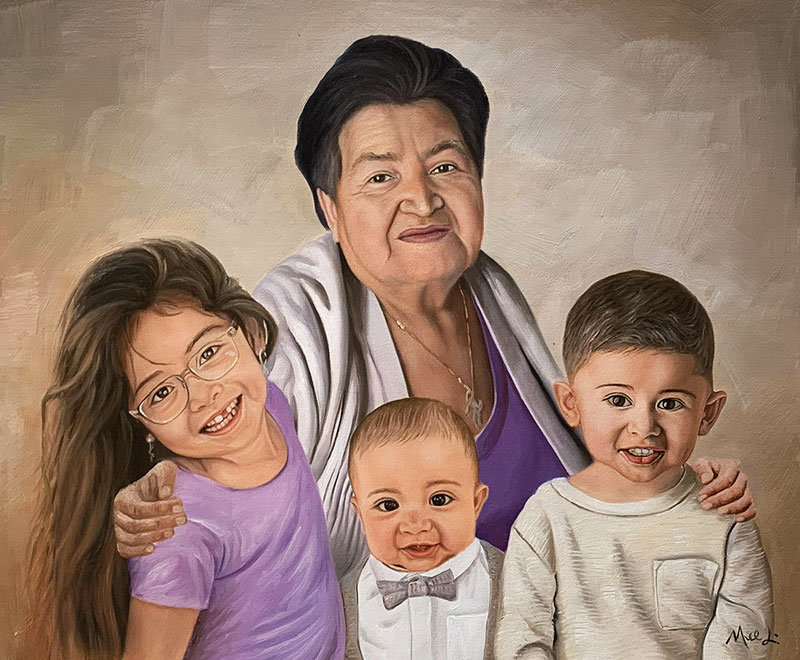 Beautiful handmade oil artwork of a grandmother with kids