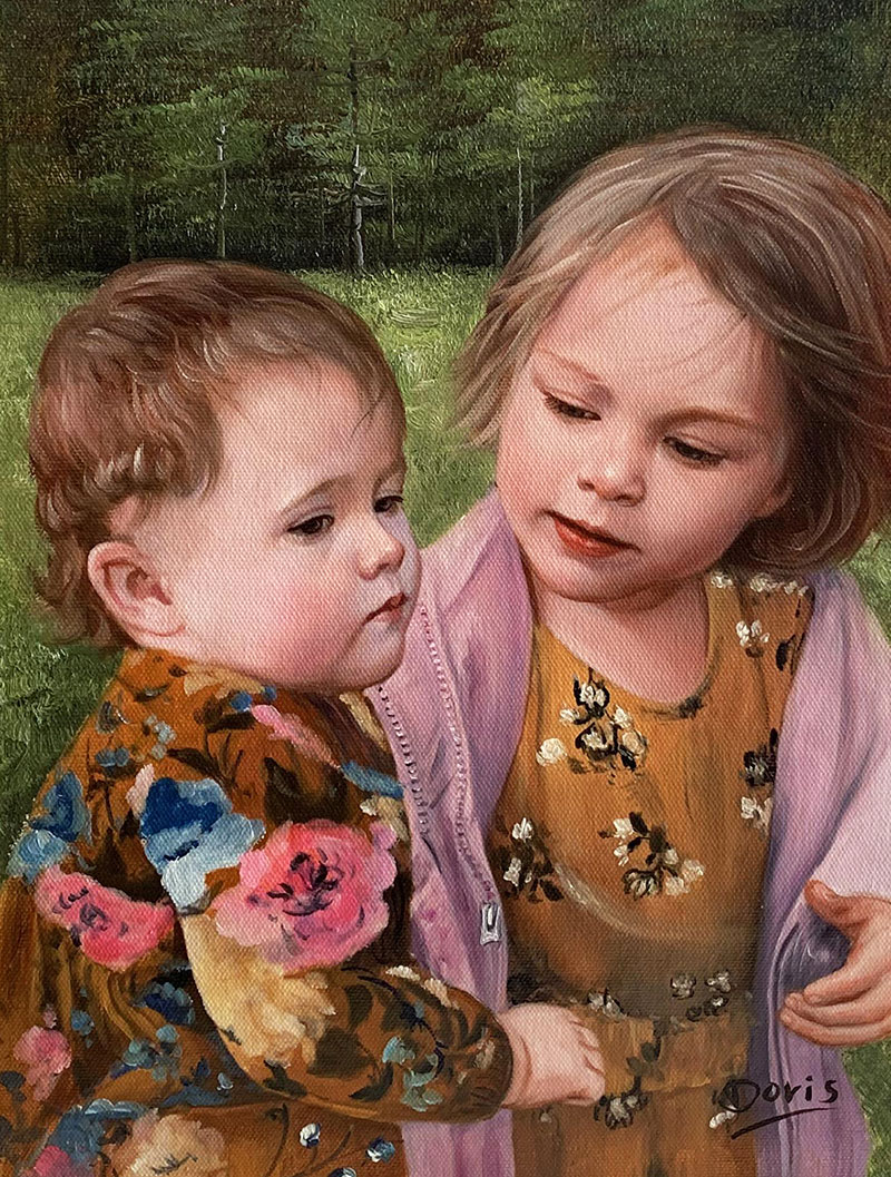Painting of two young girls outdoors, one in a floral jacket and the other in a floral dress.