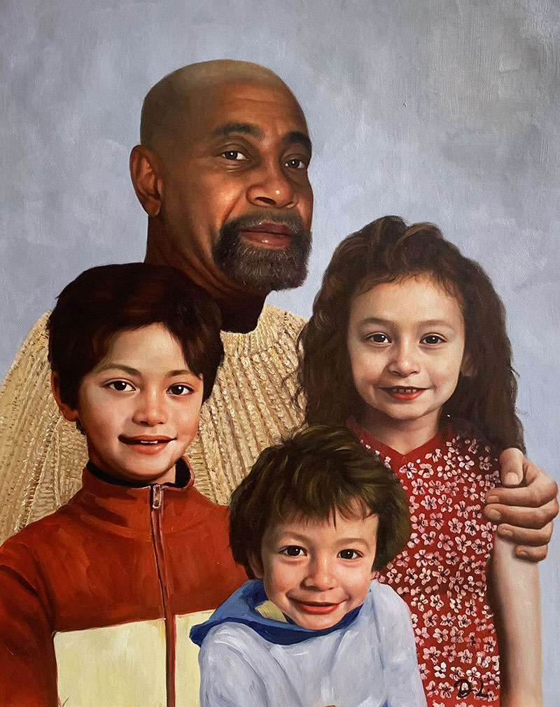 Oil painting of a Black man with three children.