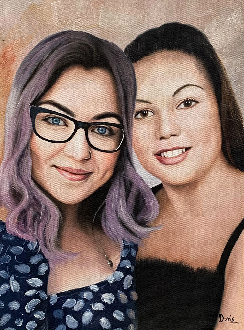 Painted portrait of two women, one with purple hair and glasses, the other with dark hair.