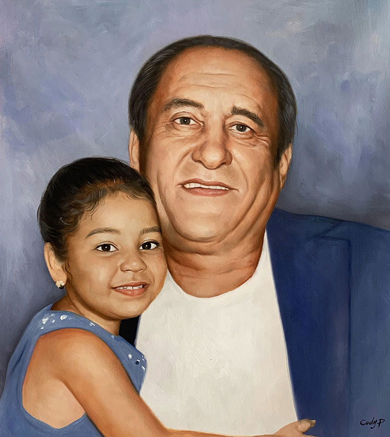 Oil painting portrait of a man and young girl embracing.