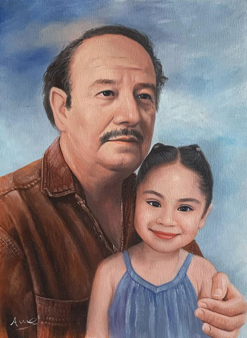 Oil painting portrait of an older man and a young girl.