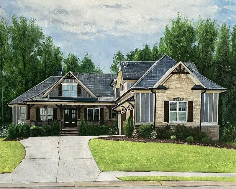 Painting of a large beige house with a gray roof and dark shutters.