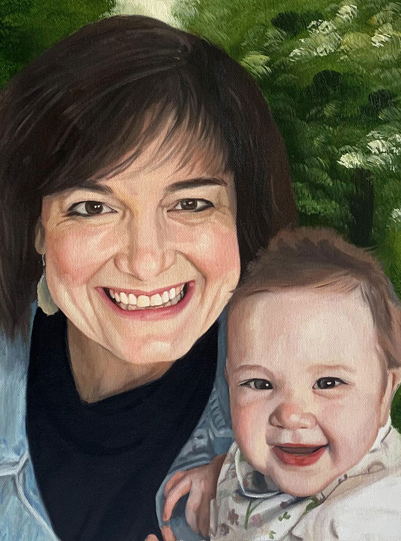 Smiling woman and baby in oil painting portrait.