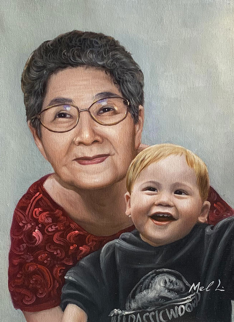Portrait painting of an elderly woman with glasses and a toddler.