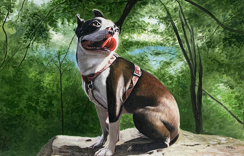 Custom oil painting of a dog outdoors