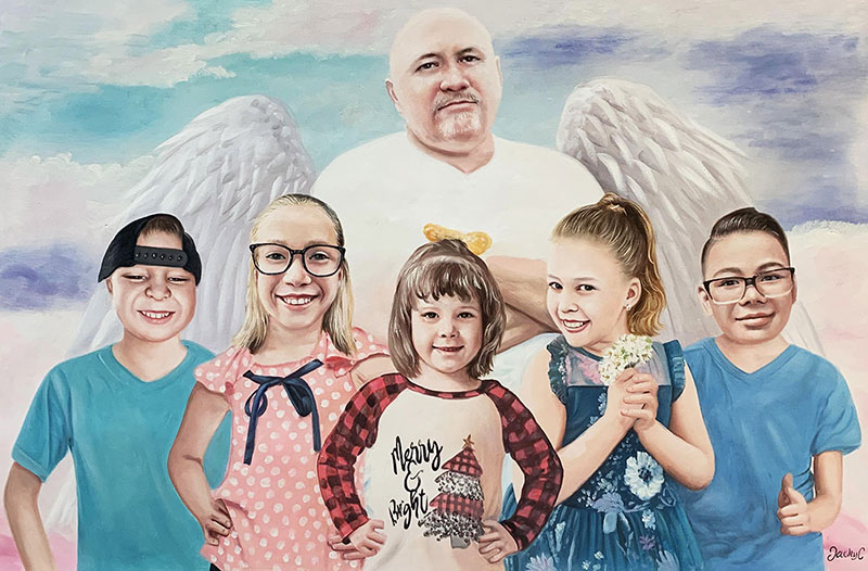 Custom oil painting of a grandfather and grandchildren