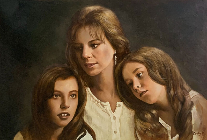 Custom handmade oil painting of a other and two daughters