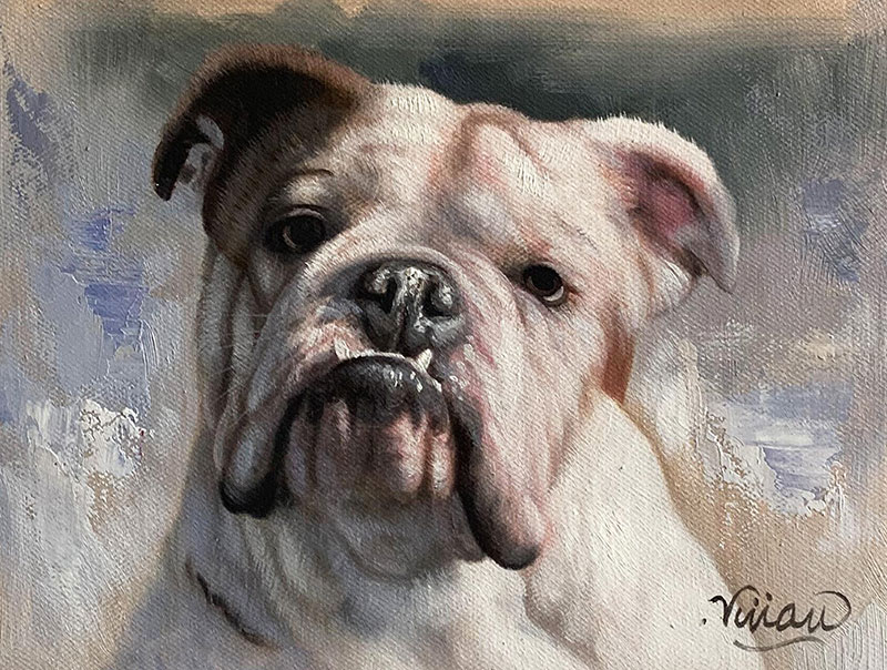Painting of a white bulldog