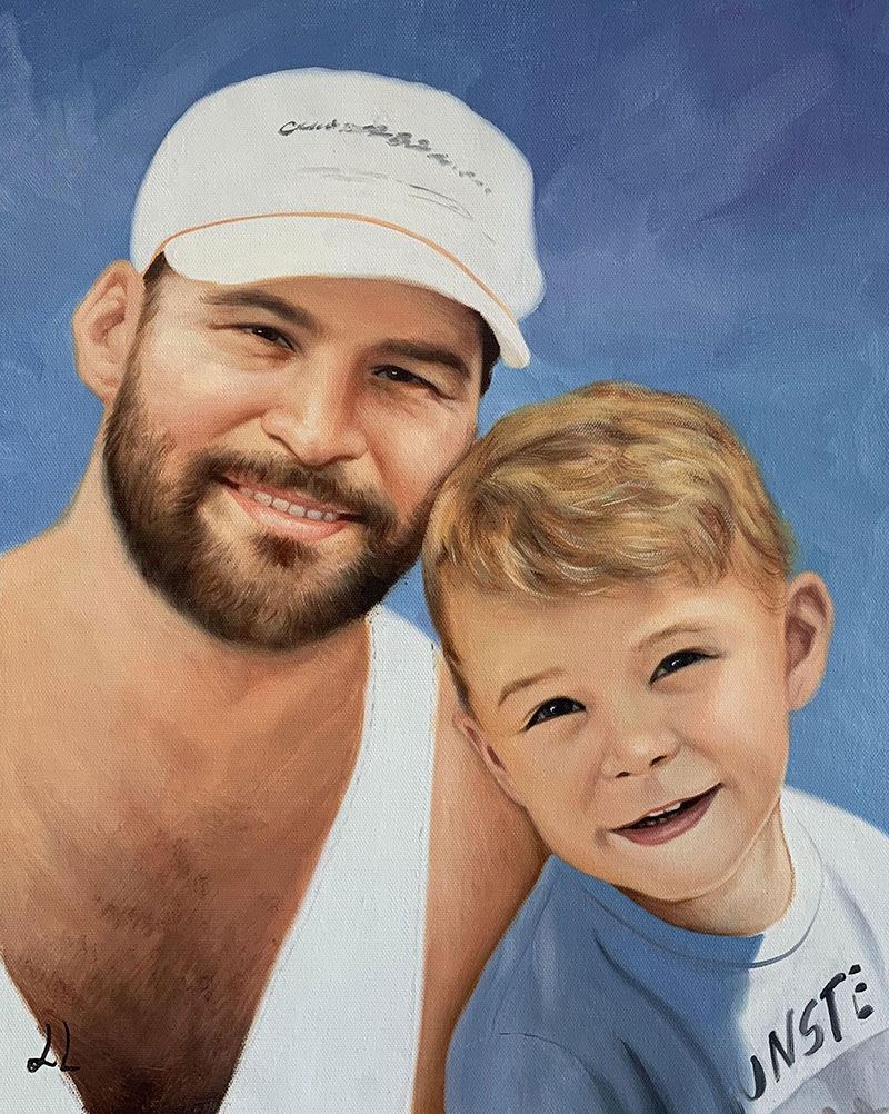 Custom handmade oil painting of a father and child