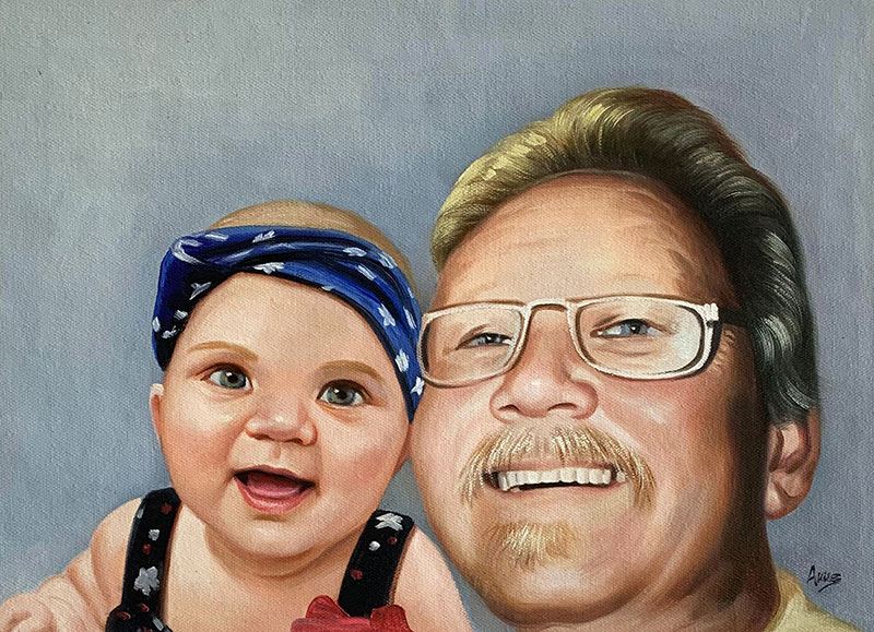 Oil painting portrait of a smiling man and baby girl.