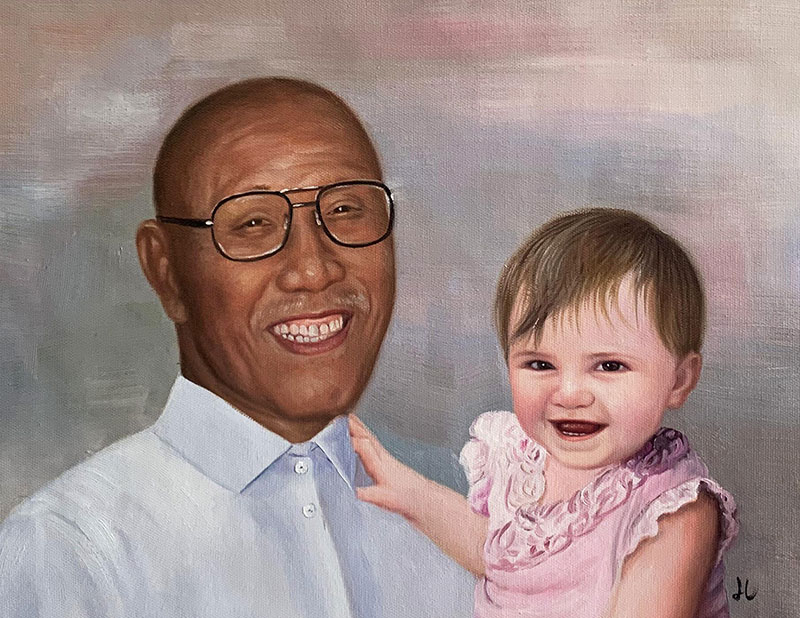 Beautiful oil painting of a grandfather and a grandkid