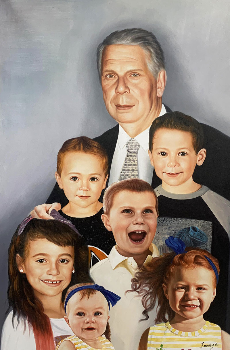 Gorgeous oil painting of a grandfather with grandchildren