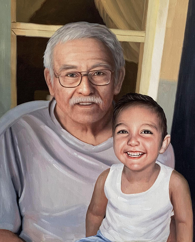 Painting of an elderly man with glasses and a young boy.