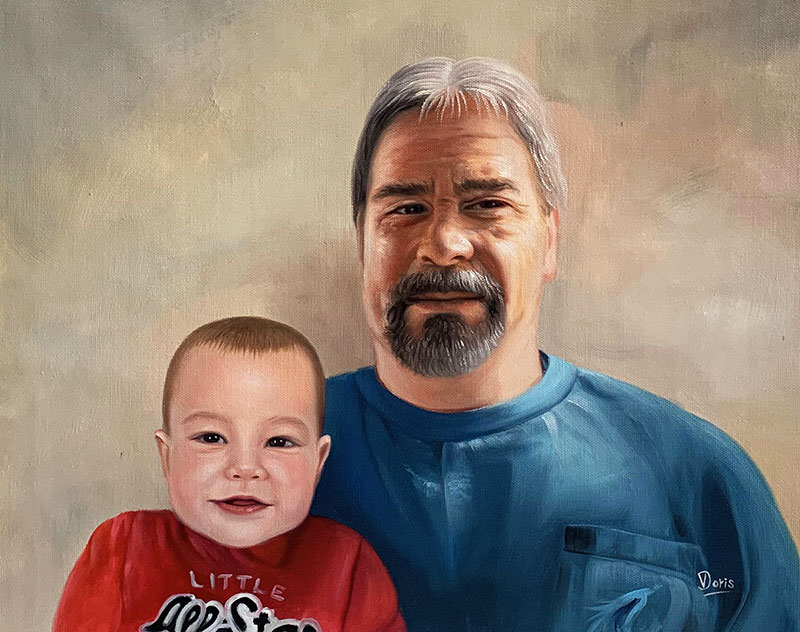 Oil painting portrait of a man and toddler.