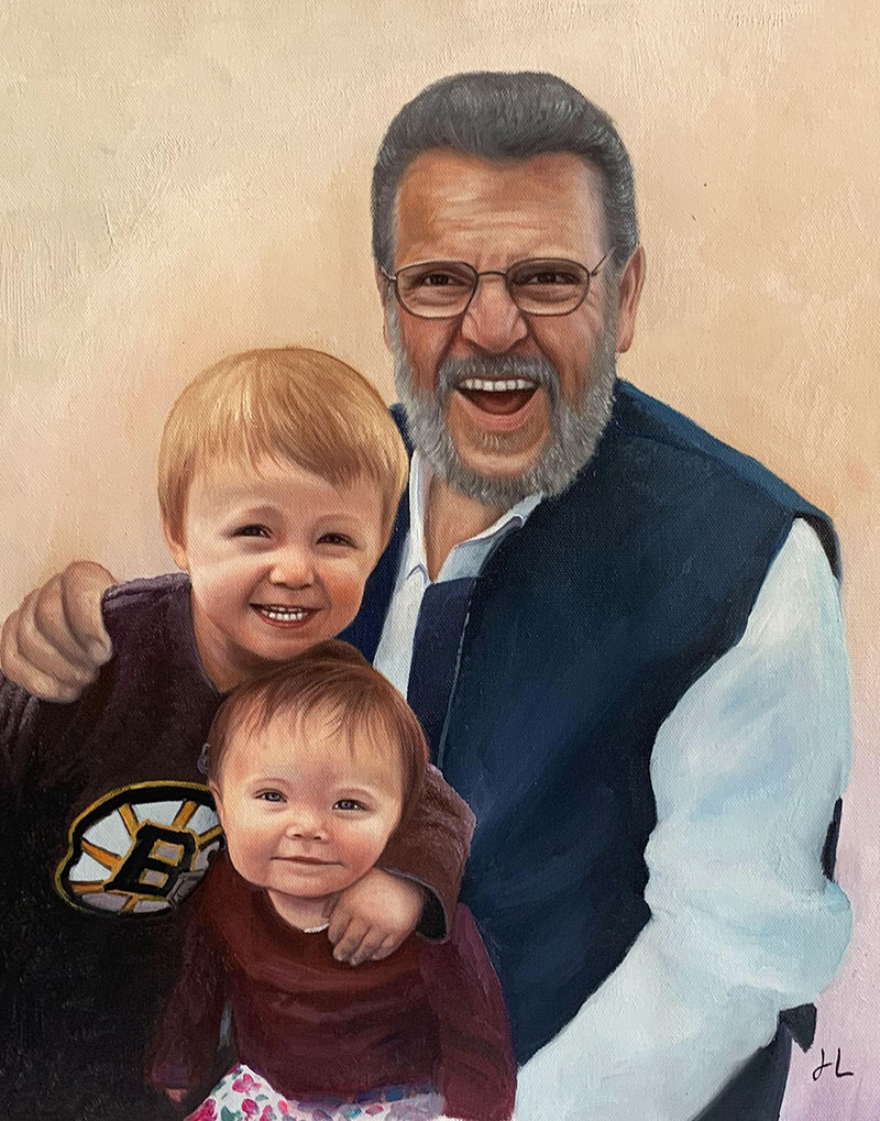 Beautiful oil artwork of a grandfather and grandchildren