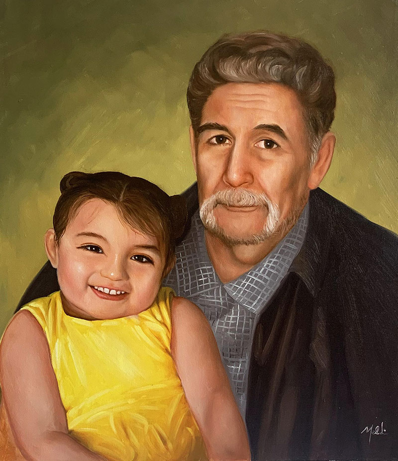 Beautiful oil painting of a grandfather and a granddaughter