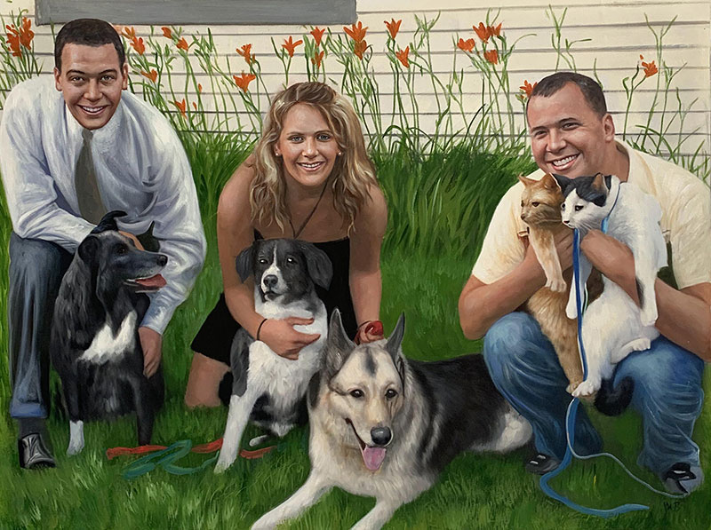 Custom oil painting of three adults with multiple pets