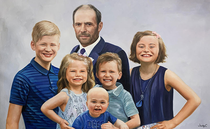 Painted portrait of a man with five children.