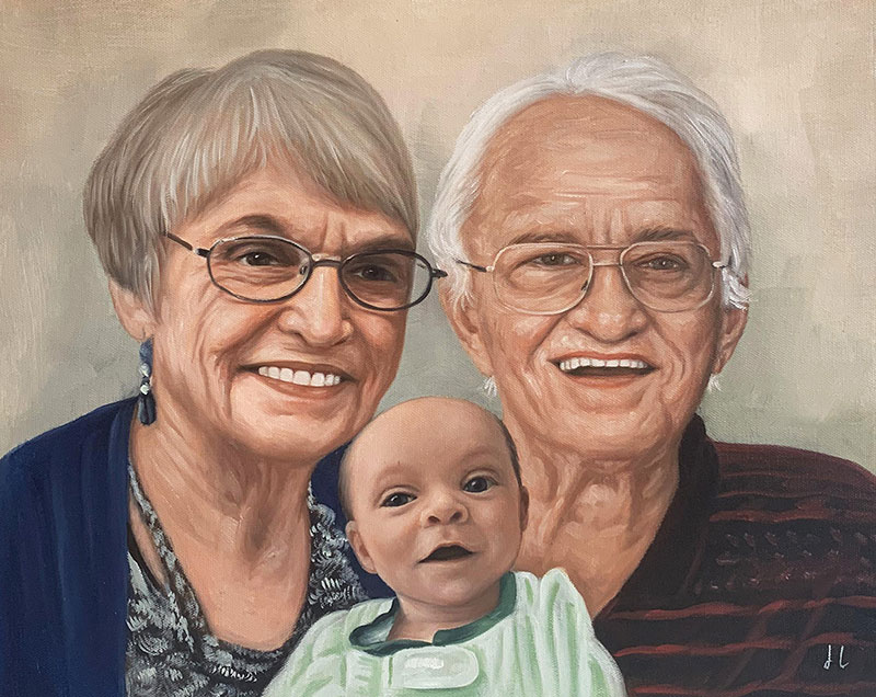 Beautiful oil artwork of grandparents with a grandson