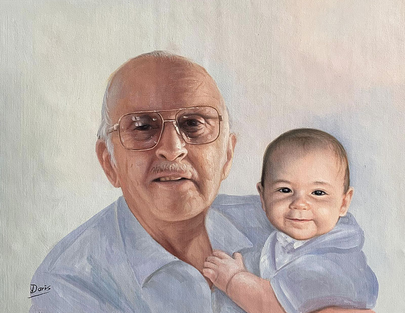 Painting of an elderly man with glasses holding a baby.