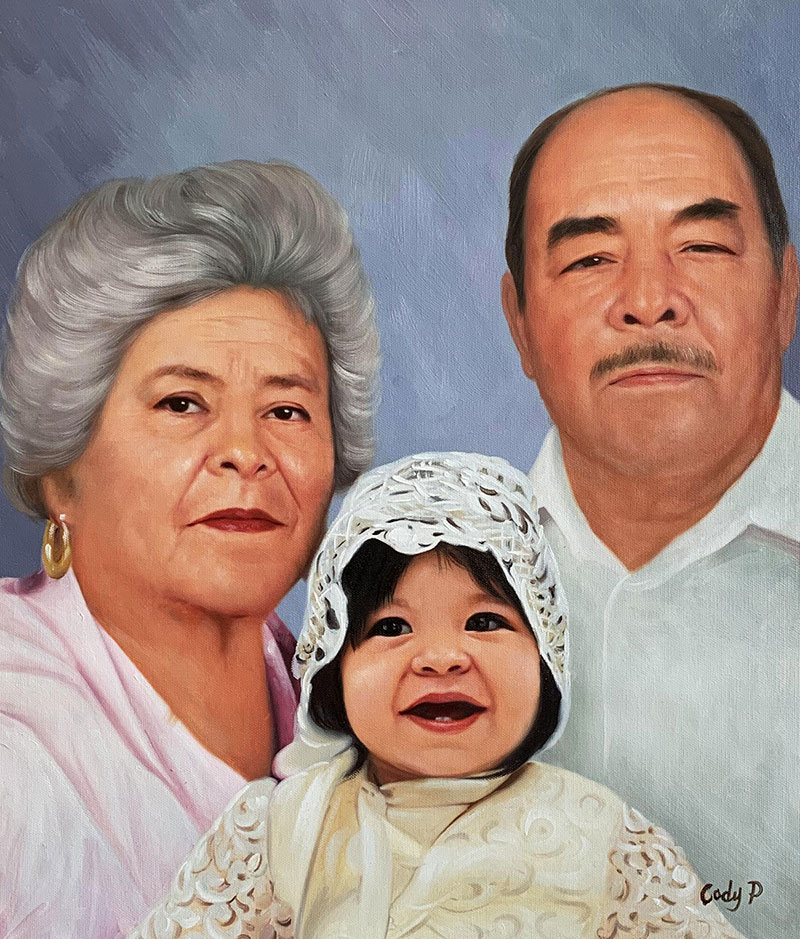Painted portrait of grandparents and baby granddaughter.