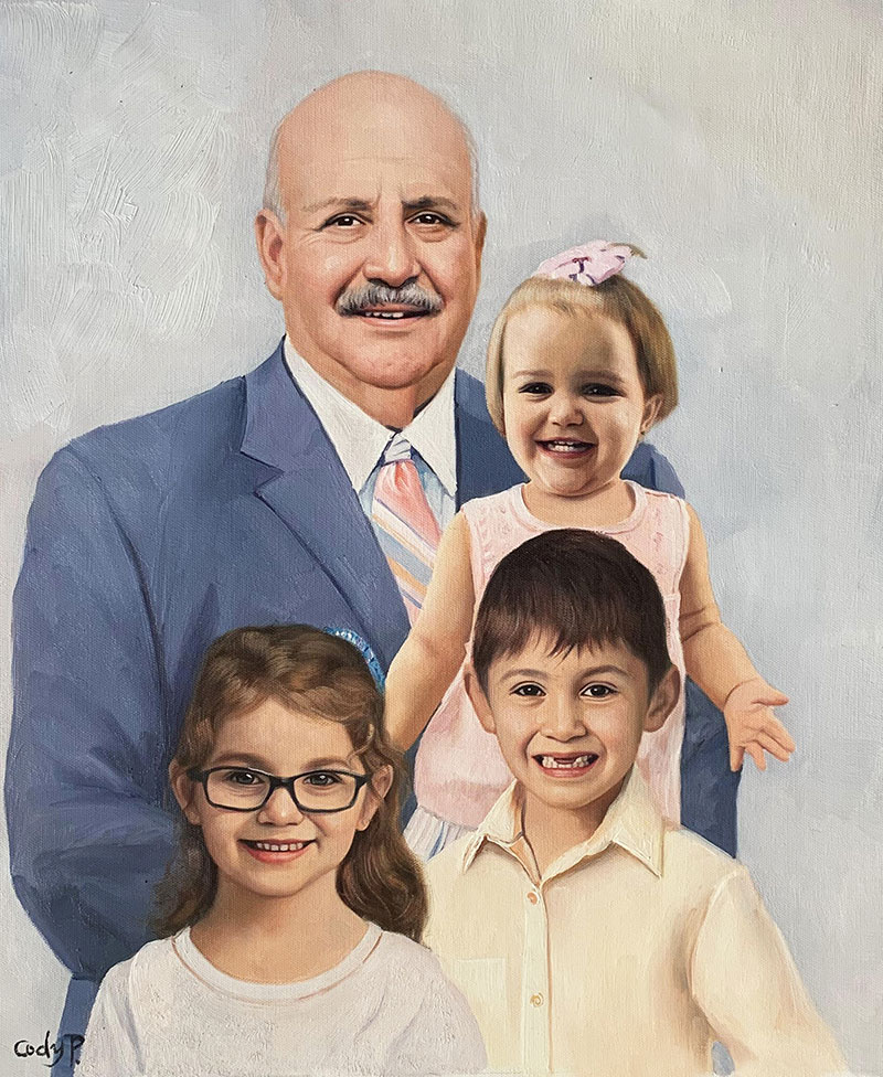 Painted portrait of a grandfather with three grandchildren.