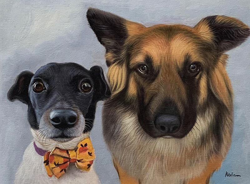 Painting of a Jack Russell wearing a bow tie and a German Shepherd.