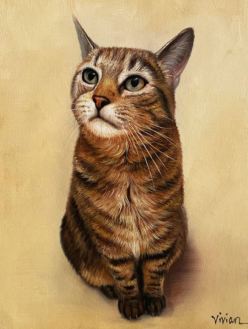 Painting of a tabby cat looking upward