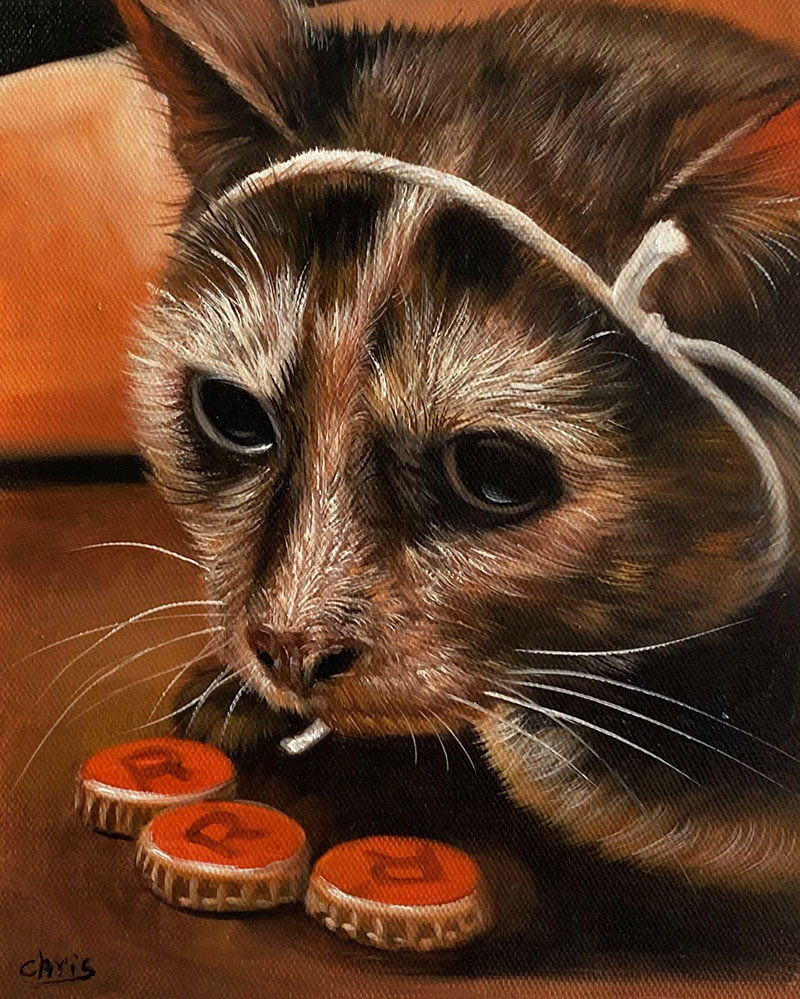 Painting of a cat wearing a string headband, looking down at three bottle caps.