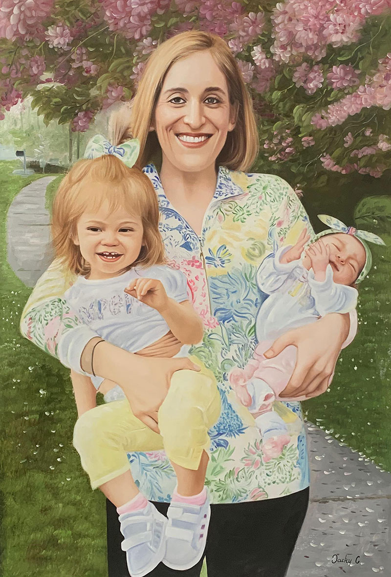 Painting of a mother holding a toddler and a baby in front of blooming trees.