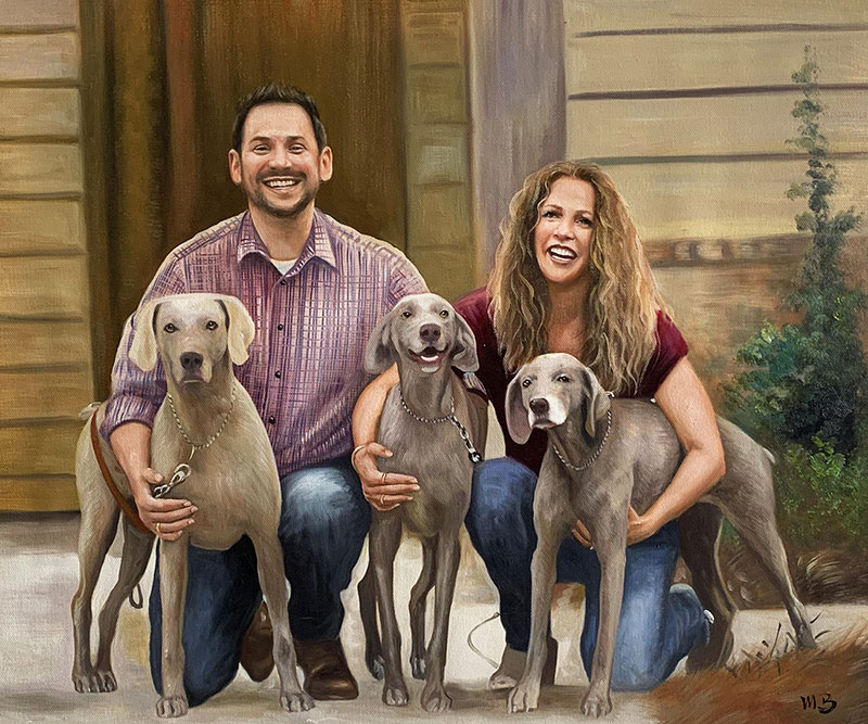 Gorgeous oil artwork of a couple with three pets