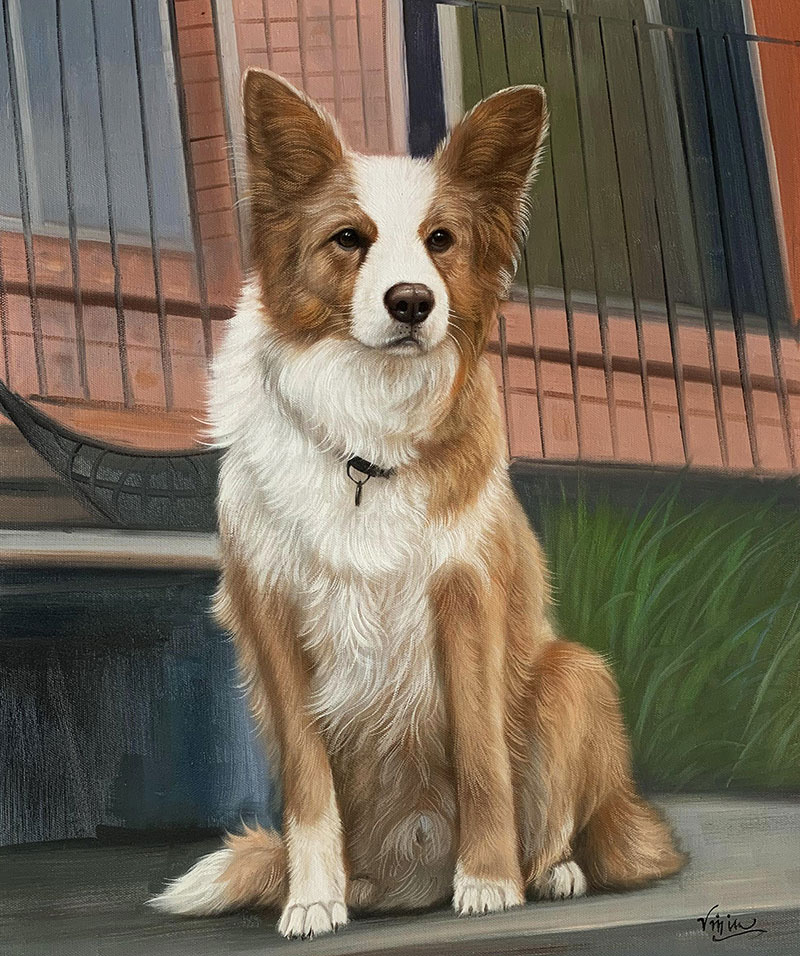Painting of a brown and white dog sitting outdoors
