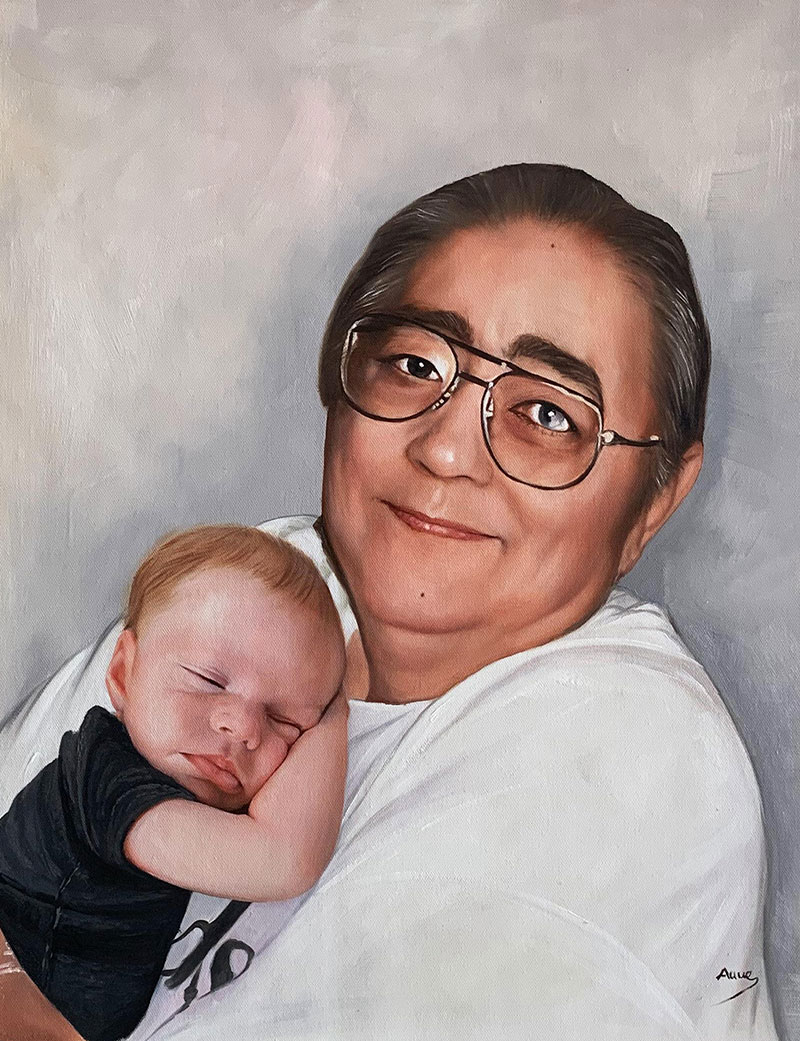 Painting of a woman wearing glasses holding a sleeping baby.