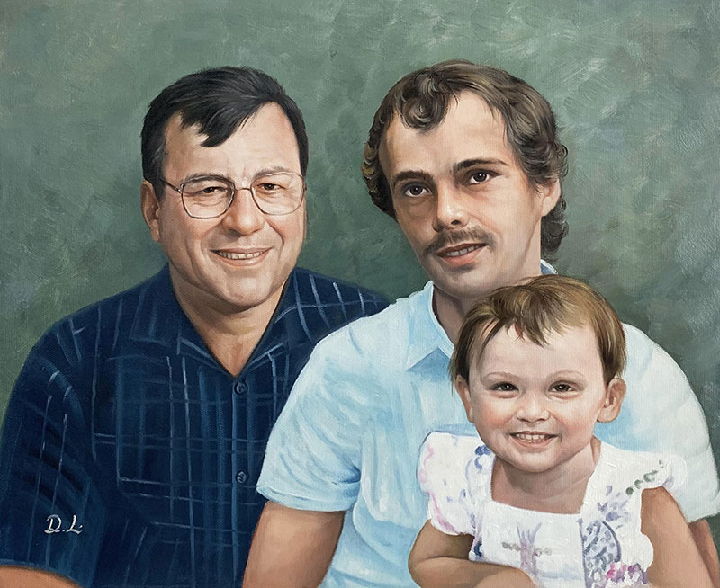 Oil painting portrait of a grandfather, father, and toddler granddaughter.