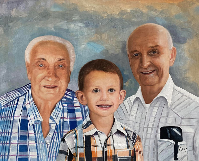 Painted portrait of two elderly men and a young boy.