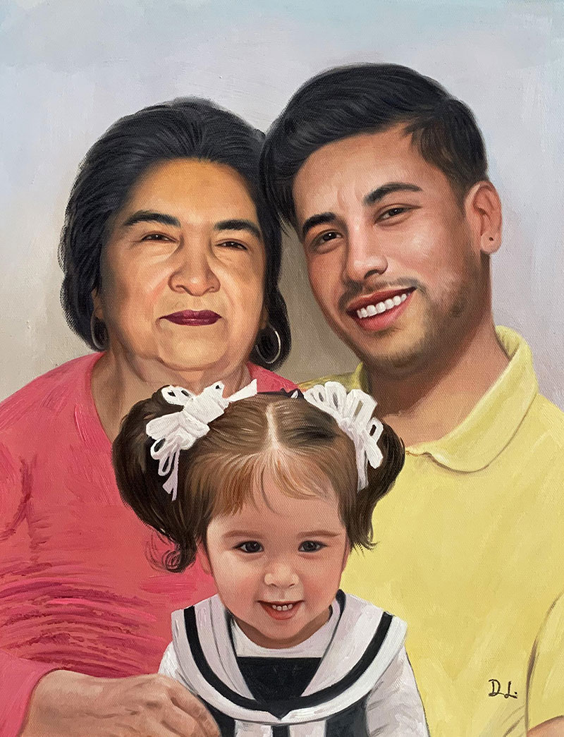 Oil painting portrait of a grandmother, grandson, and granddaughter.