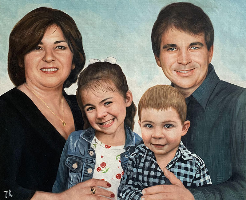 Beautiful handmade oil artwork of parents with children